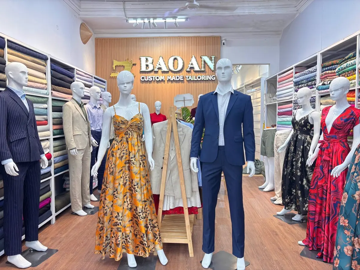Bao An Tailor showroom with custom suits and dresses on display