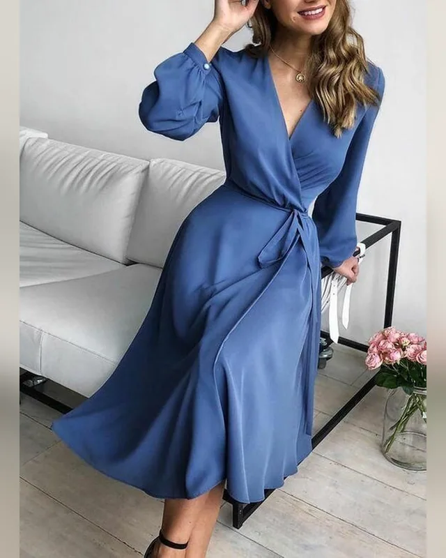 Steel Blue Wrap Midi Dress — Bao An Tailor style