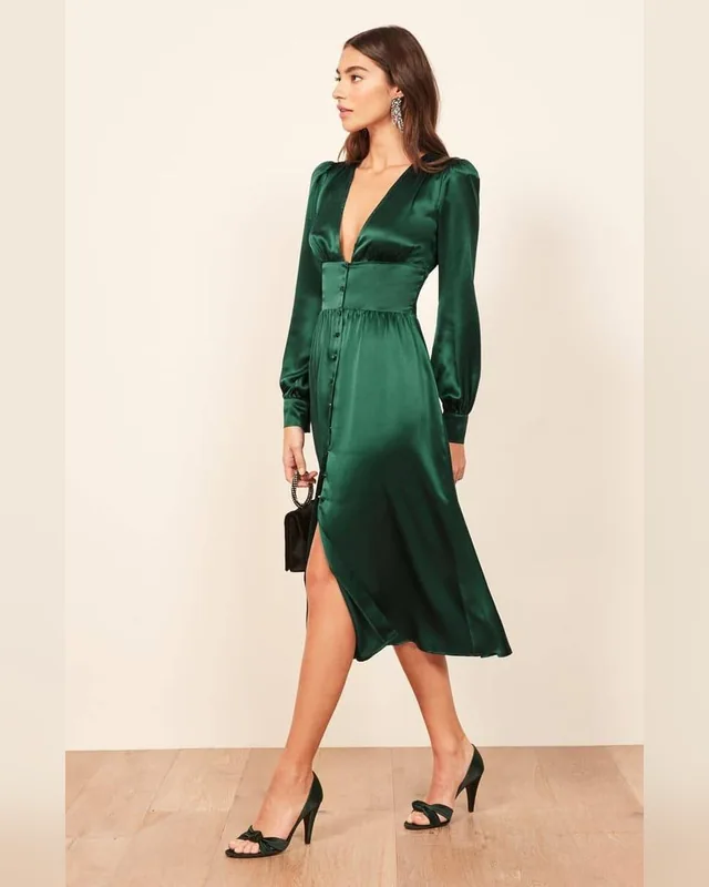 Emerald Long-Sleeve Midi Dress — Bao An Tailor style